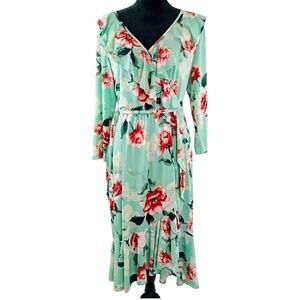 Janette Plus Floral Faux Wrap Midi Dress Ruffle V-Neck Mint Green Coral 1X